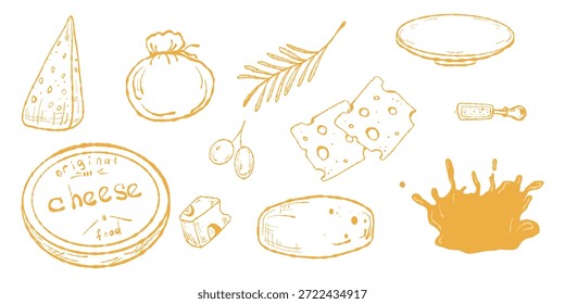 Clipart de Elementos de Queso, Iconos para Menús y Embalaje. Conjunto de Clipart de charcutería. Paquete de ilustración de alimentos, Elementos de queso para Diseños