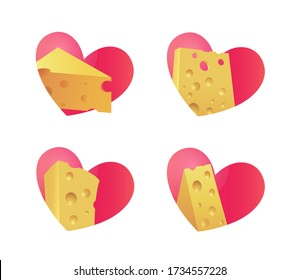 Cheese emblem with heart. Set of Sticker Valentines isolated on white.