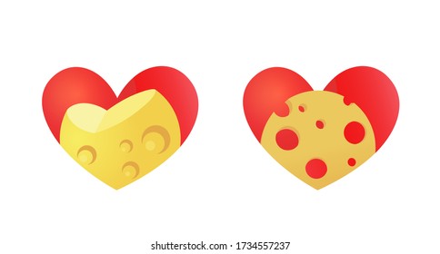 Cheese emblem with heart. Sticker Valentines with cheese isolated on white.