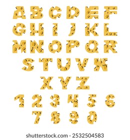 Cheese English Alphabet Numbers and Letters. Cheesy Food Vector Illustration in Hand Drawn Style on White Isolated Background