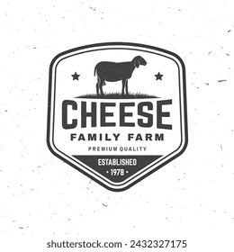 Cheese family farm badge design. Template for logo, branding design with sheep lacaune on the grass. Vector illustration. Hand crafted product cheese