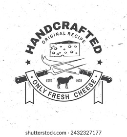 Cheese family farm badge design. Template for logo, branding design with sheep lacaune, fork, knife for cheese. Vector illustration. Hand crafted product cheese