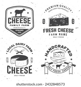 Cheese family farm badge design. Template for logo, branding design with block cheese, sheep lacaune on the grass, fork, knife for cheese. Vector illustration. Hand crafted product cheese