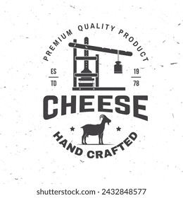 Cheese family farm badge design. Template for logo, branding design with goat and cheese molds and press. Vector illustration. Hand crafted product cheese