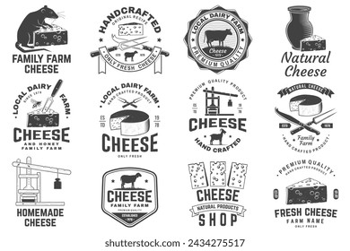 Cheese family farm badge design. Template for logo, branding design with block cheese, sheep lacaune on the grass, fork, knife for cheese, cow, cheese press. Vector illustration. Hand crafted product