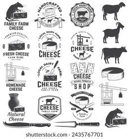 Cheese family farm badge design. Template for logo, branding design with block cheese, sheep lacaune on the grass, fork, knife for cheese, cow, cheese press. Vector illustration. Hand crafted product