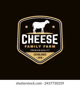 Cheese family farm badge design. Template for logo, branding design with sheep lacaune on the grass. Vector illustration. Hand crafted product cheese