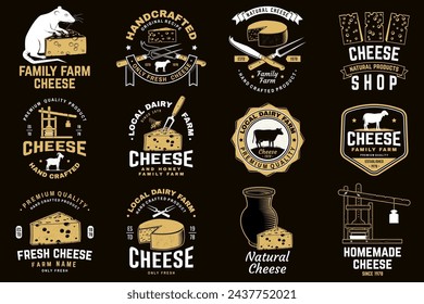 Cheese family farm badge design. Template for logo, branding design with block cheese, sheep lacaune on the grass, fork, knife for cheese, cow, cheese press. Vector illustration. Hand crafted product