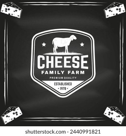 Cheese family farm badge design on the chalkboard. Template for logo, branding design with sheep lacaune on the grass. Vector illustration. Hand crafted product cheese