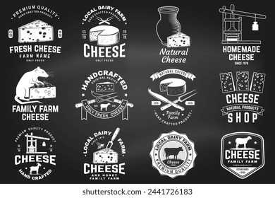 Cheese family farm badge design on the chalkboard. Template for logo, branding design with block cheese, sheep lacaune on the grass, fork, knife for cheese, cow, cheese press. Vector illustration