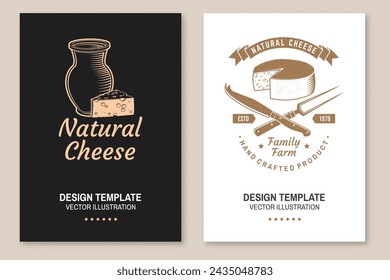 Cheese family farm poster design. Template for logo, branding design with block cheese, jug of milk, fork, knife for cheese. Vector illustration. Hand crafted product cheese