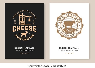 Cheese family farm poster design. Template for logo, branding design with block cheese, goat on the grass, cow, fork, knife, cheese press. Vector illustration. Handcrafted product cheese