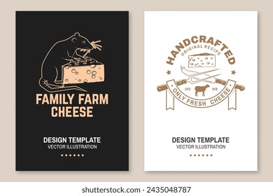 Cheese family farm poster design. Template for logo, branding design with rat, mouse, sheep lacaune, fork, knife for cheese. Vector illustration. Handcrafted product cheese