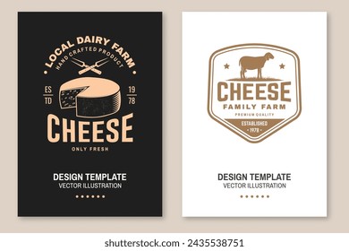 Cheese family farm poster design. Template for logo, branding design with block cheese, jug of milk, fork, knife for cheese. Vector illustration. Hand crafted product cheese