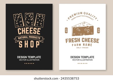 Cheese family farm poster design. Template for logo, branding design with block cheese, fork, knife for cheese. Vector illustration. Hand crafted product cheese