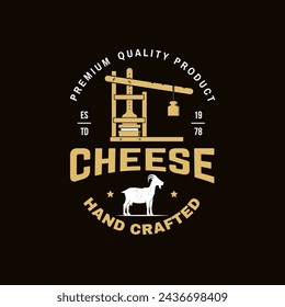 Cheese family farm poster design. Template for logo, branding design with block cheese, jug of milk, fork, knife for cheese. Vector illustration. Hand crafted product cheese