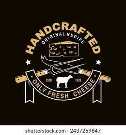 Cheese family farm poster design. Template for logo, branding design with block cheese, jug of milk, fork, knife for cheese. Vector illustration. Hand crafted product cheese