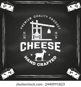 Cheese family farm poster design on the chalkboard. Template for logo, branding design with block cheese, jug of milk, fork, knife for cheese. Vector illustration. Hand crafted product cheese