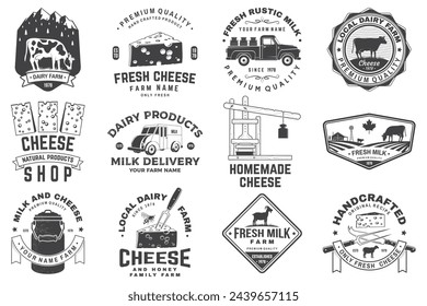 Cheese family farm and rustic milk badge design. Design with block cheese, sheep, fork, knife, milk, cow, cheese press. Vector. Template for cheese and milk farm business - shop, market, packaging