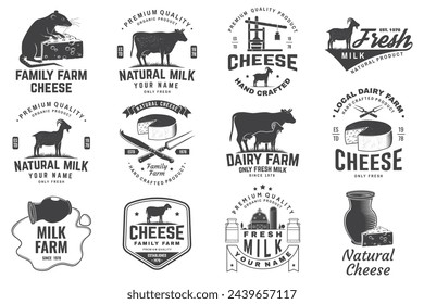 Cheese family farm and rustic milk badge design. Design with block cheese, sheep, fork, knife, milk, cow, cheese press. Vector. Template for cheese and milk farm business - shop, market, packaging