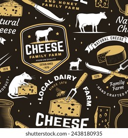 Cheese family farm seamless pattern or background. Fabric, textile, wallaper with block cheese, sheep lacaune on the grass, fork, knife for cheese, cow, cheese press. Vector.