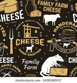 Cheese family farm seamless pattern or background. Fabric, textile, wallaper with block cheese, sheep lacaune on the grass, fork, knife for cheese, cow, cheese press. Vector.