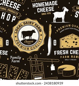 Cheese family farm seamless pattern or background. Fabric, textile, wallaper with block cheese, sheep lacaune on the grass, fork, knife for cheese, cow, cheese press. Vector.