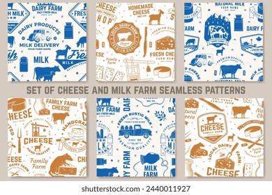 Familia de queso y granja de leche sin patrón o fondo. Tela, textil, papel pintado con queso bloque, laca de oveja en la hierba, tenedor, cuchillo para queso, vaca, prensa de queso. Vector.