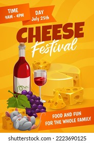 Volante del festival de queso. Cartel publicitario del trozo de queso duro Camembert. Evento gastronómico, festival culinario invitación a un afiche vectorial con rueda emmental o masdam, vino, uva y lindo personaje de ratón