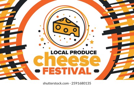 Cheese Festival. Local produce. Cheese art. Farmer market. Organic homemade snack. Delicious food. Tradition cuisine holiday. Vector illustration