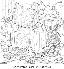 Queso con higos, nueces y uvas.
Antiestrés en libros de colores para niños y adultos. Ilustración aislada sobre fondo blanco. Estilo zenano-margino. Dibujo manual