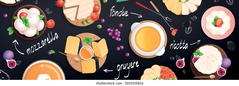 Cheese flat background with composition of top view images with dishes berries and chalkboard text captions vector illustration