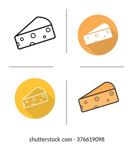 Cheese flat design, linear and color icons set. Porous cheese piece. Dairy produce. Milk food product. Long shadow logo concepts. Isolated cheese vector illustrations. Infographic elements