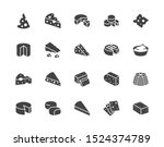 Cheese flat glyph icons set. Parmesan, mozzarella, yogurt, dutch, ricotta, butter, blue chees piece vector illustrations. Black signs for dairy product store. Silhouette pictogram pixel perfect.