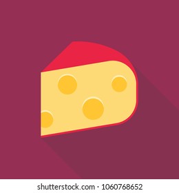 Cheese flat icon with long shadow isolated on purple background. Simple Cheese in flat style, vector illustration for web and mobile design.Breakfast elements vector sign symbol.