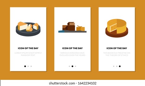 Cheese flat icon set. Chocolate, butter, block, piece isolated sign pack. Food, snack, gourmet concept. Vector illustration symbol elements for web design