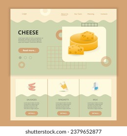 Cheese flat landing page website template. Sausages, spaghetti, milk. Web banner with header, content and footer. Vector illustration.