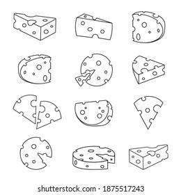 Iconos de línea plana de queso establecidos - aislados en fondo blanco, dibujados a mano 