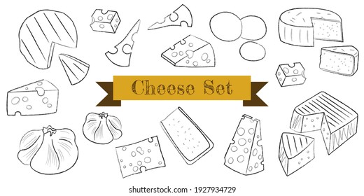 Cheese flat line icons set. Outline signs for dairy product store. Cheese design template. Hand drawn vector illustration. Minimalistic style different cheese kinds banner. Vintage food background.