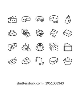 Iconos de línea plana de queso establecidos en fondo blanco. Ilustraciones parmesanas, mozzarella, portadoras de ricotta. Los símbolos de esquema para la tienda se pueden utilizar en el logotipo, la interfaz de usuario y el diseño web. Estroques editables.