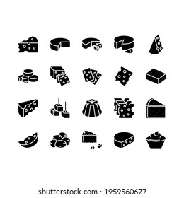 Cheese flat line icons set on white background. Parmesan, mozzarella, ricotta vector illustrations. Outline signs for store, can be used in logo, UI and web design.