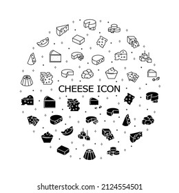 Cheese flat line icons set on white background. Parmesan, mozzarella, ricotta vector illustrations. Outline signs for store, can be used in logo, UI and web design.