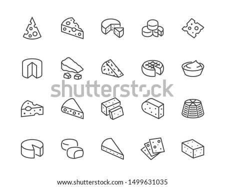 Cheese flat line icons set. Parmesan, mozzarella, yogurt, dutch, ricotta, butter, blue chees piece vector illustrations. Outline signs for dairy product store. Pixel perfect. Editable Strokes. ストックフォト © 