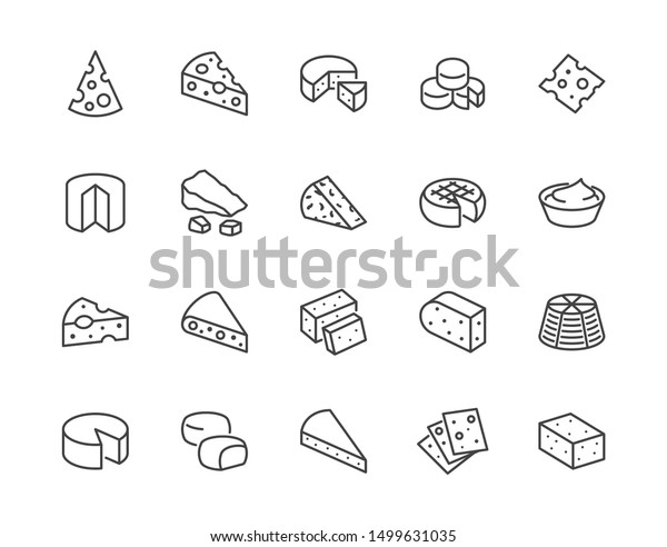Cheese flat line icons set. Parmesan,\
mozzarella, yogurt, dutch, ricotta, butter, blue chees piece vector\
illustrations. Outline signs for dairy product store. Pixel\
perfect. Editable\
Strokes.
