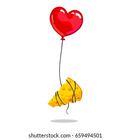 Cheese fly on helium balloon, red heart, yellow cheese milk, shadow, vector illustration isolated on white background, cartoon style
