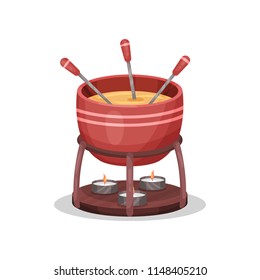 Cheese fondue, delicious dish of French cuisine vector Illustration on a white background