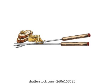 Cheese fondue ingredients and fondue skewer vector sketch. Cheese pieces with bread slice. Parmesan with toast hand drawn color illustration. Healthy snack, dish menu