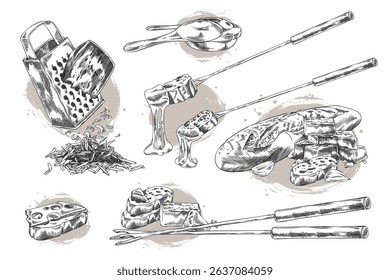 Cheese fondue ink sketch vector set. Cheese fondue ingredients, cooking equipment and skewers. Cheese pieces, garlic with bread slice. Hand drawn engraved Edam cheese grated by kitchen grater