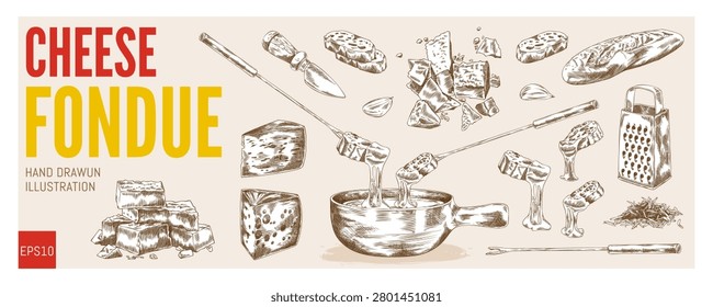 Cheese fondue ink sketch vector set. Cheese fondue ingredients, cooking utensil bowl and forks. Cheese pieces, garlic with bread slice. Hand drawn engraved cheese grated by kitchen grater