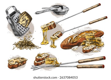Cheese fondue preparation, Set of vector watercolor sketches with ingredients and equipment. Grater, cheese pieces, loaf, fork, spoon. French treat. Vintage engraved style. Isolated background.